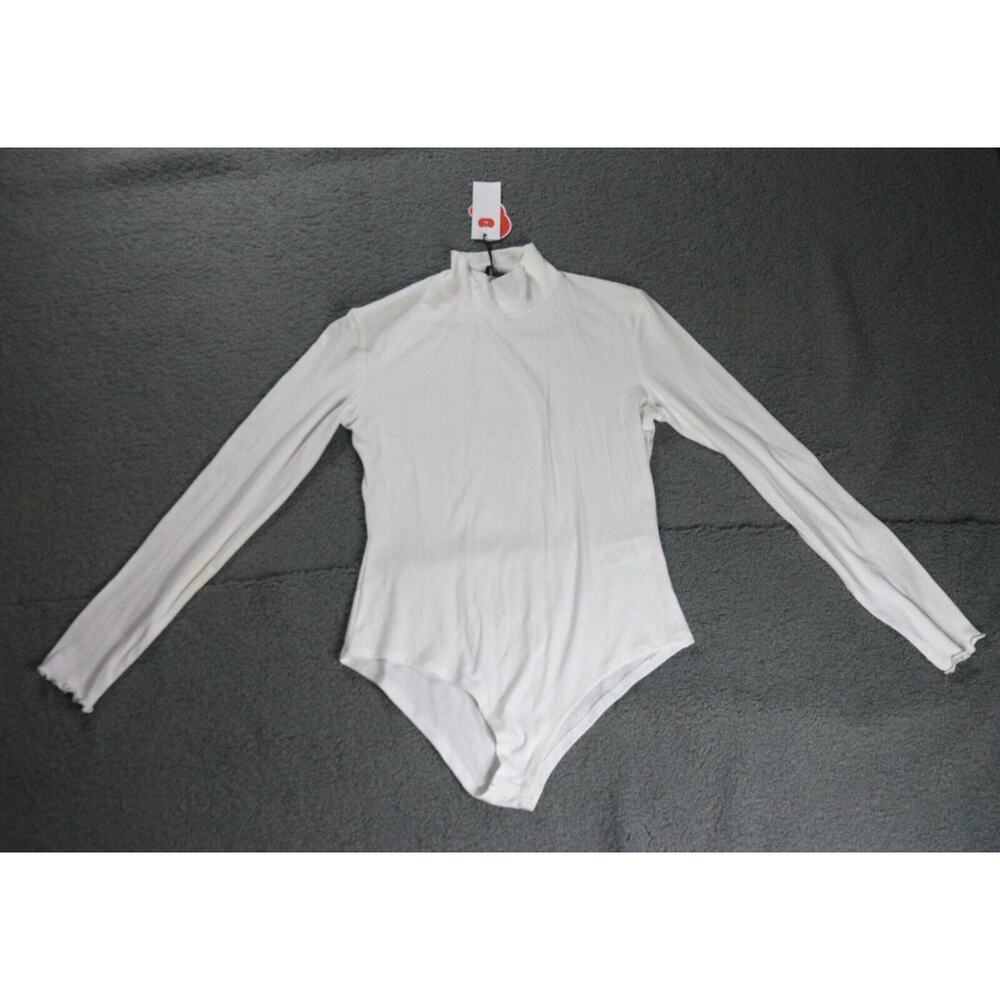 New Cider Womens Bodysuit White Large Long Sleeve Ribbed Mock neck Turtleneck
